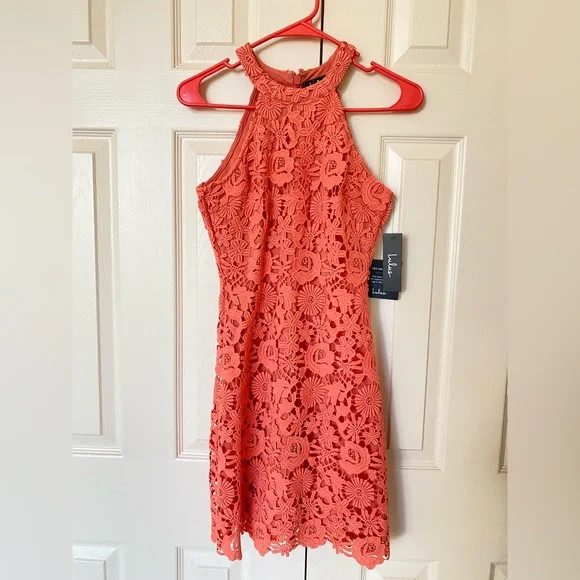 NWT Lulus Coral Orange Lace Halter Mini Dress - Picture 1 of 14